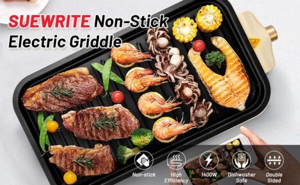 Electric Indoor Grill,2 in 1 Indoor Grills for Kitchen with Grill Net & Non-Stick Cooking Removable Plate, Temperature Control, Dishwasher Safe, 1500W Smokeless Grill - Image 3